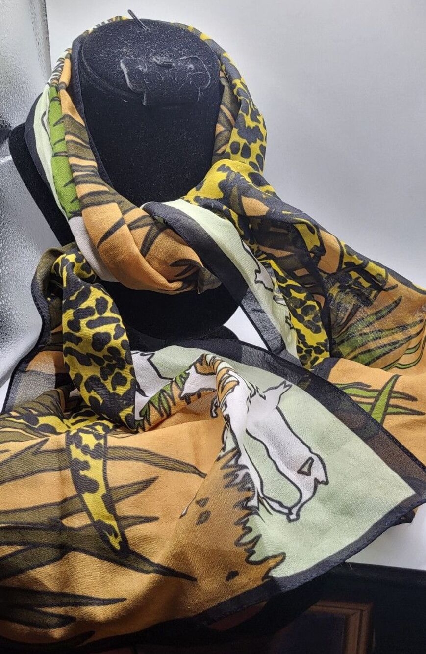 Vintage Cotton Scarf Cheetah Leopard Print Jungle Safari Motif Green Gold 52in - Picture 4 of 5